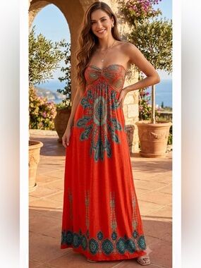 Strapless Maxi Dress in Red with Teal Print